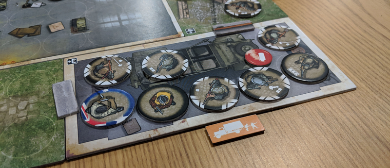 While this looks bad (I’m the Australian-flagged guy in the corner), it’s actually OK, since the smoke grenade (red token) has me hidden from the Germans.